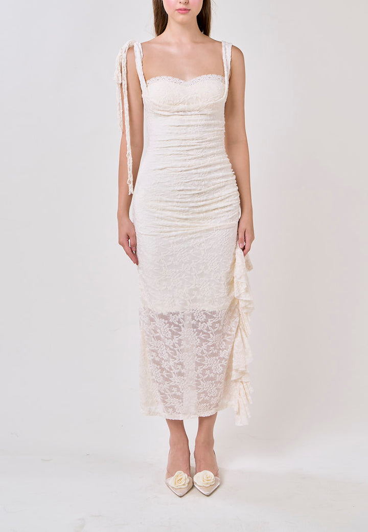 Angela Cream Sleeveless Sheer Lace Ruffled Slit Midi Dress