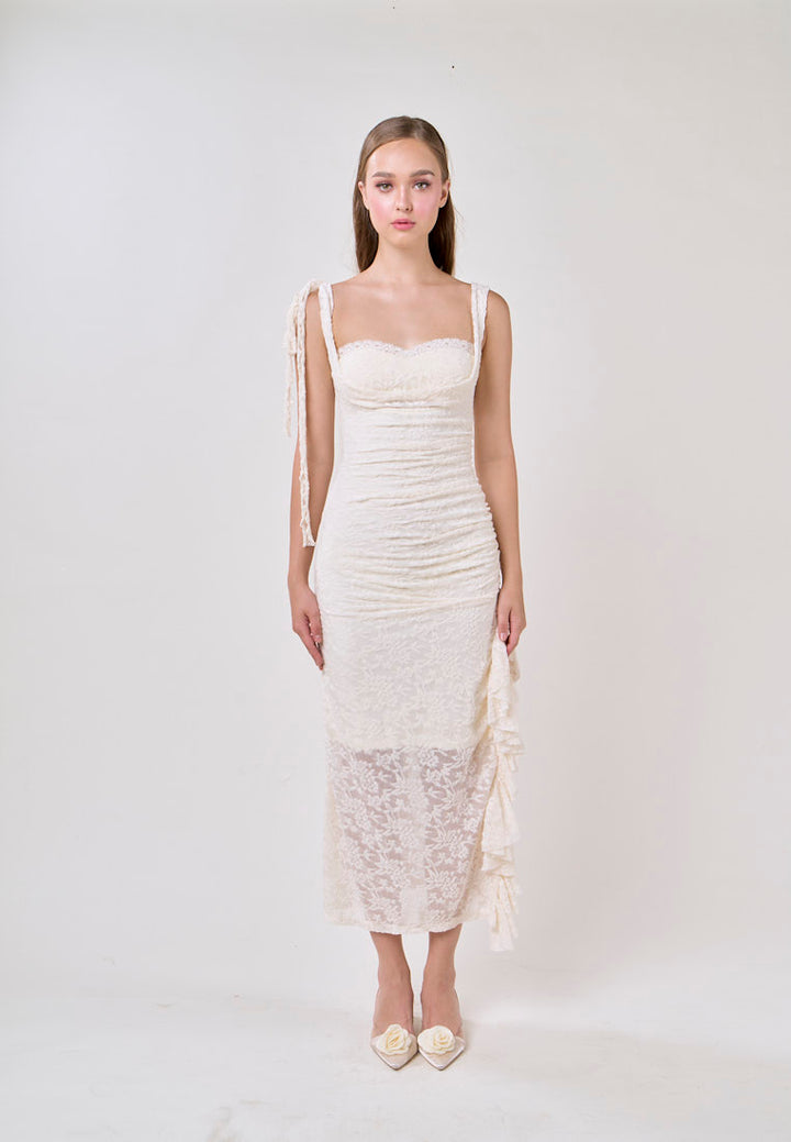 Angela Cream Sleeveless Sheer Lace Ruffled Slit Midi Dress