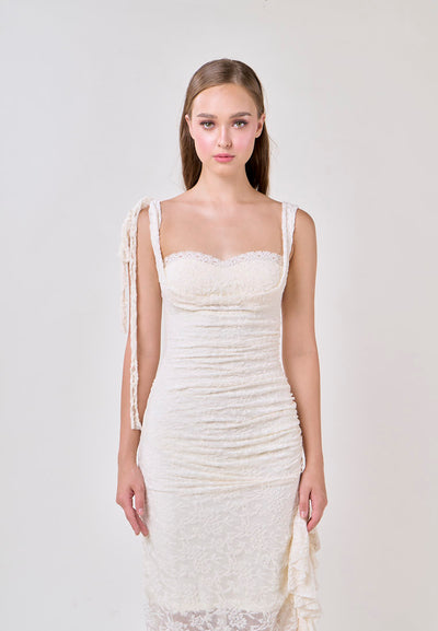 Angela Cream Sleeveless Sheer Lace Ruffled Slit Midi Dress