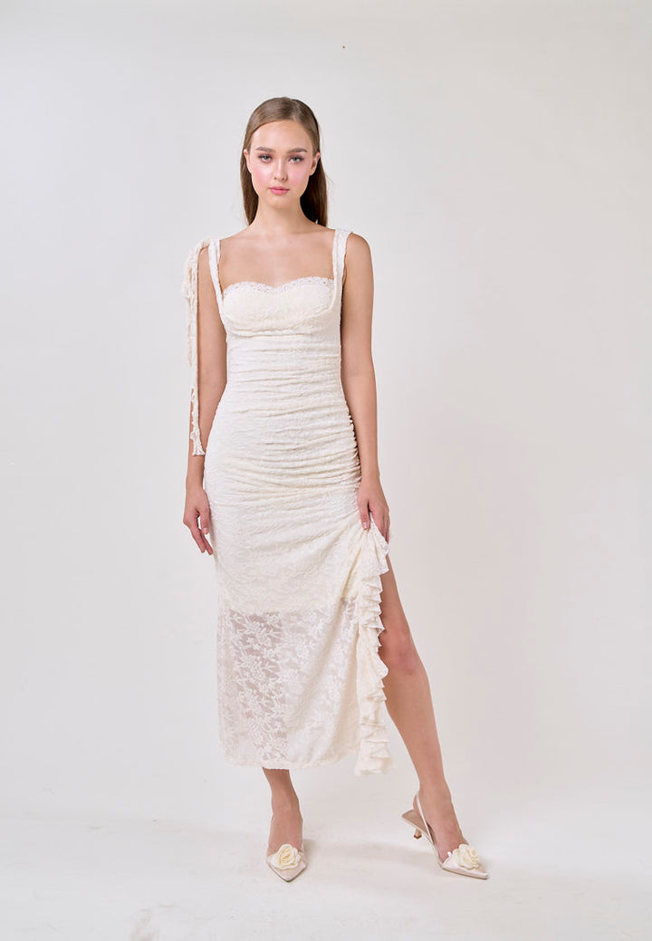 Angela Cream Sleeveless Sheer Lace Ruffled Slit Midi Dress