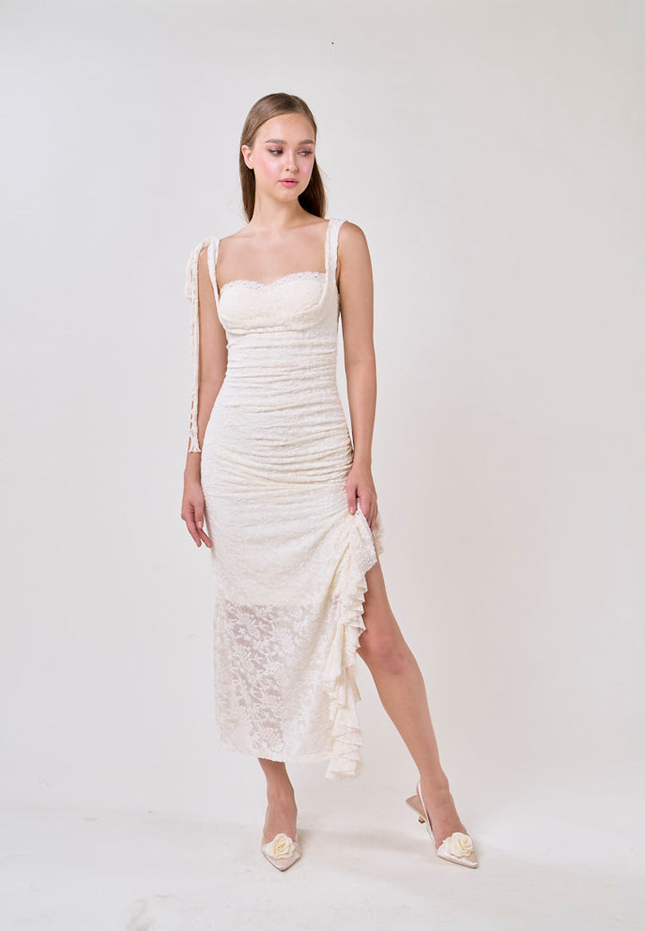 Angela Cream Sleeveless Sheer Lace Ruffled Slit Midi Dress