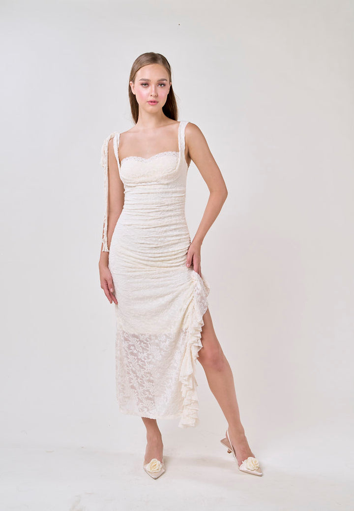 Angela Cream Sleeveless Sheer Lace Ruffled Slit Midi Dress