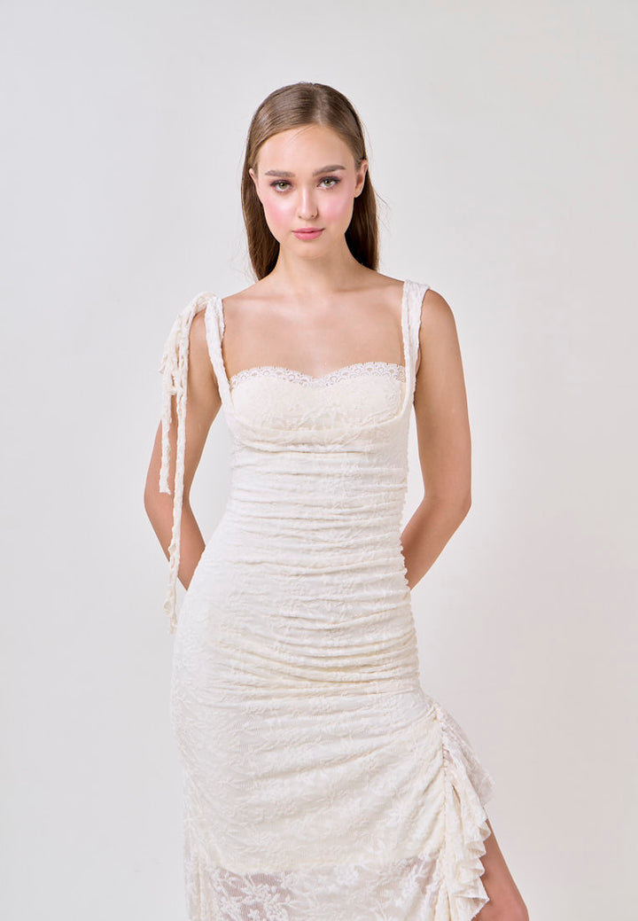 Angela Cream Sleeveless Sheer Lace Ruffled Slit Midi Dress