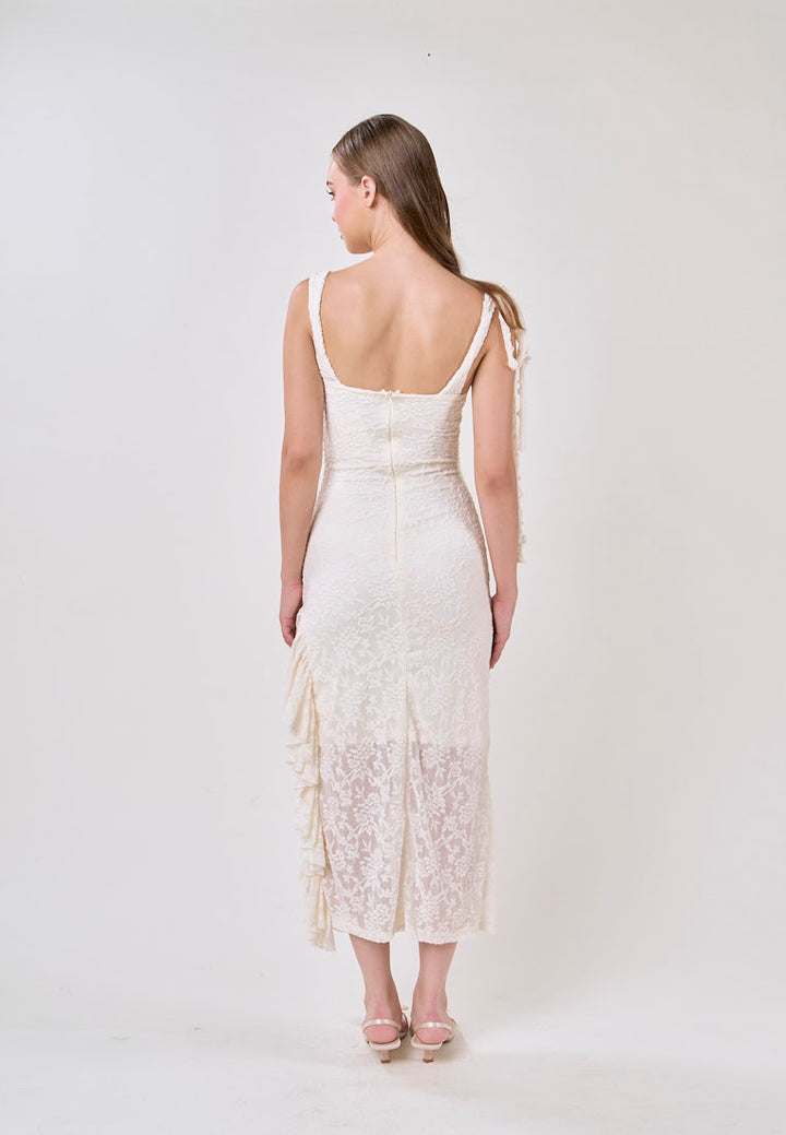 Angela Cream Sleeveless Sheer Lace Ruffled Slit Midi Dress