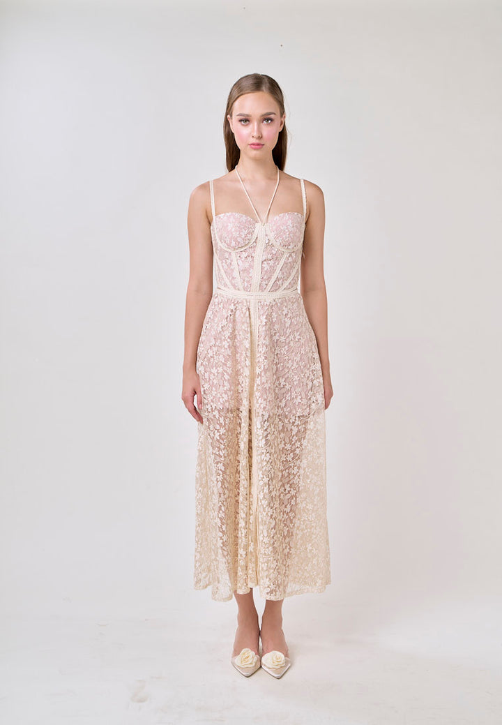 Tessa White Sweetheart Neck  Hollow Waist Lace Strapless Maxi Dress