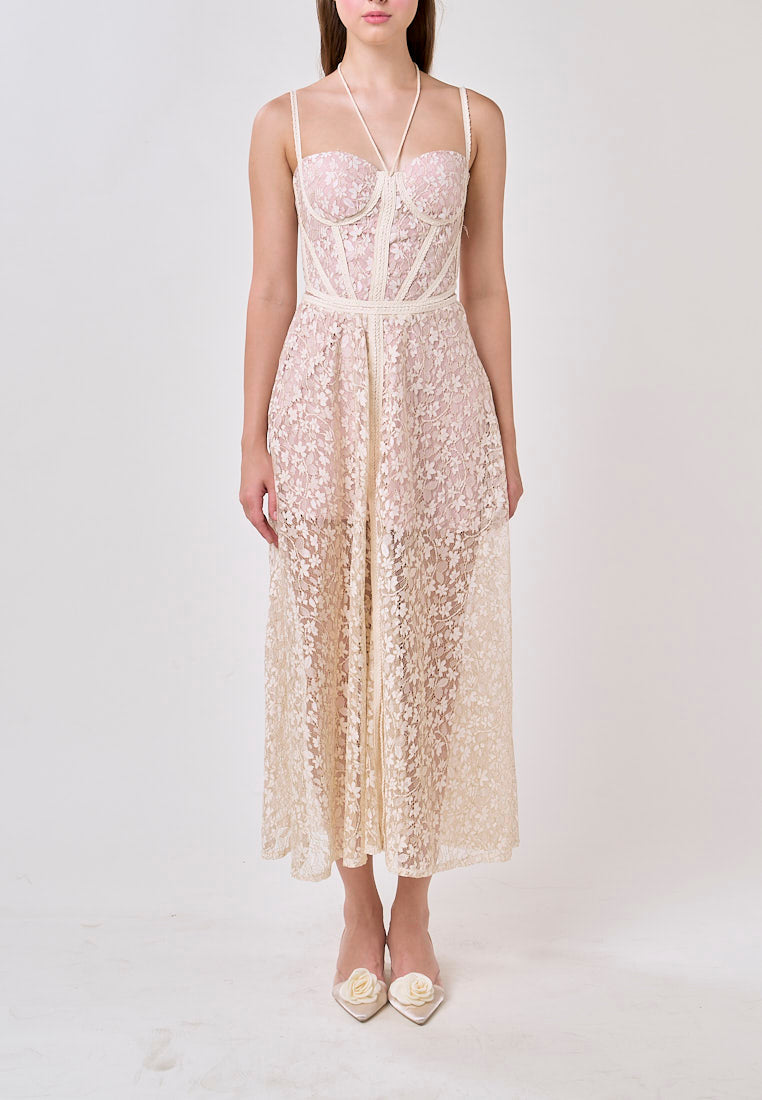 Tessa White Sweetheart Neck  Hollow Waist Lace Strapless Maxi Dress
