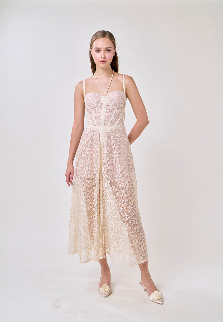Tessa White Sweetheart Neck  Hollow Waist Lace Strapless Maxi Dress