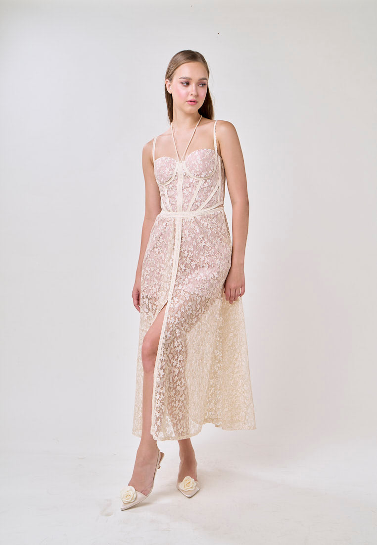 Tessa White Sweetheart Neck  Hollow Waist Lace Strapless Maxi Dress