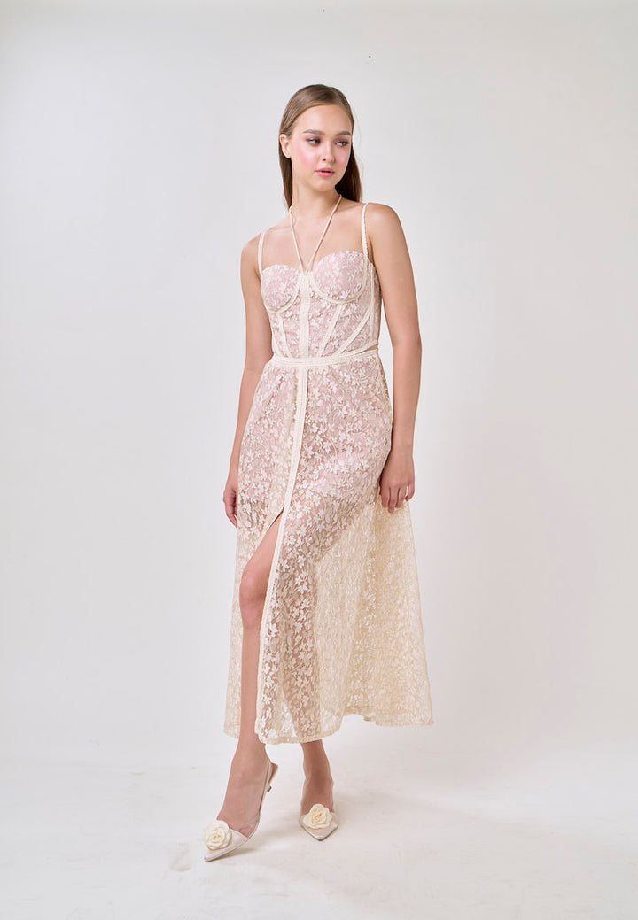 Tessa White Sweetheart Neck  Hollow Waist Lace Strapless Maxi Dress