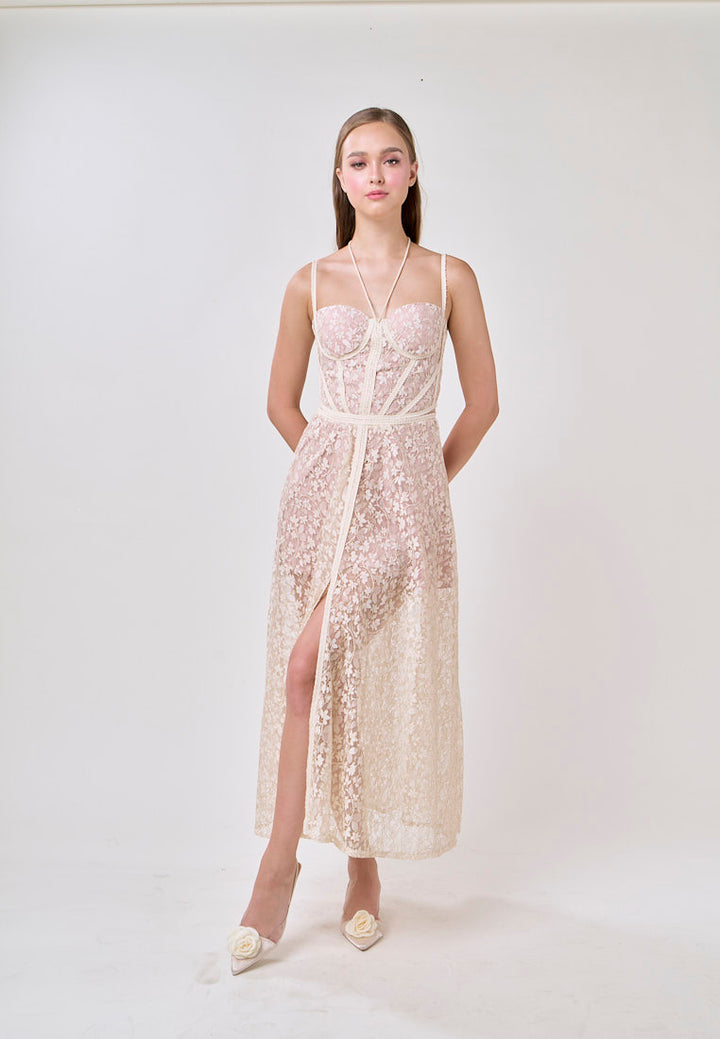 Tessa White Sweetheart Neck  Hollow Waist Lace Strapless Maxi Dress