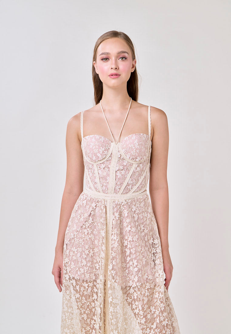 Tessa White Sweetheart Neck  Hollow Waist Lace Strapless Maxi Dress