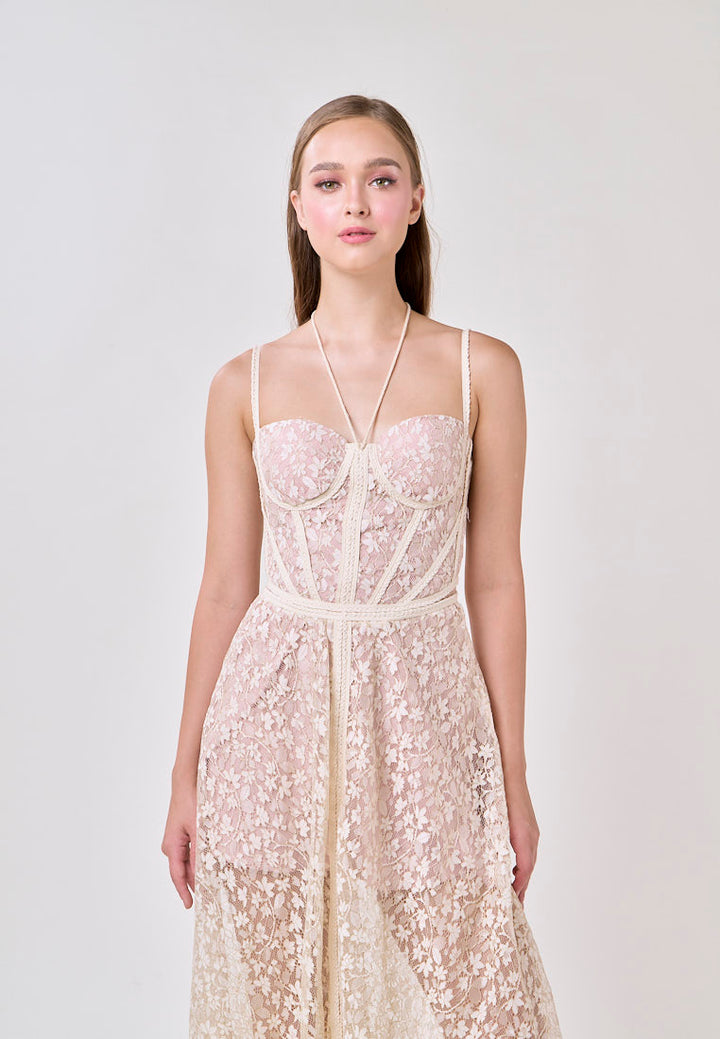 Tessa White Sweetheart Neck  Hollow Waist Lace Strapless Maxi Dress