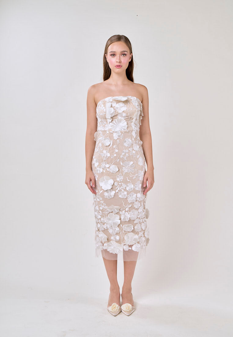 Verge White Sleveless 3D Flower Bodycon Midi Dress