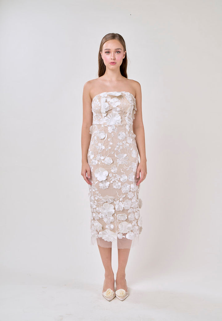 Verge White Sleveless 3D Flower Bodycon Midi Dress