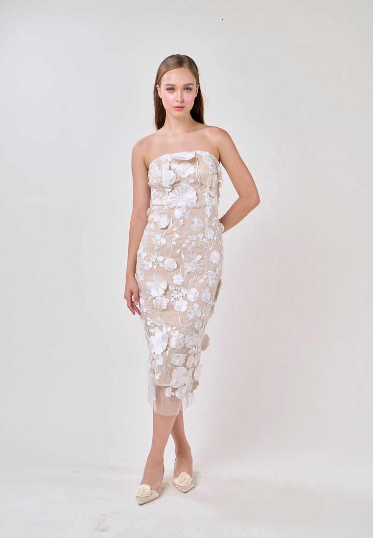 Verge White Sleveless 3D Flower Bodycon Midi Dress
