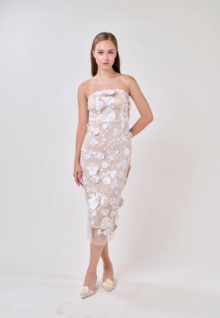 Verge White Sleveless 3D Flower Bodycon Midi Dress