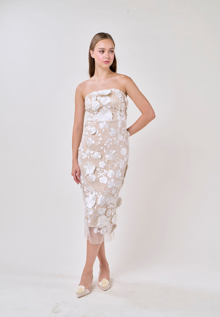 Verge White Sleveless 3D Flower Bodycon Midi Dress