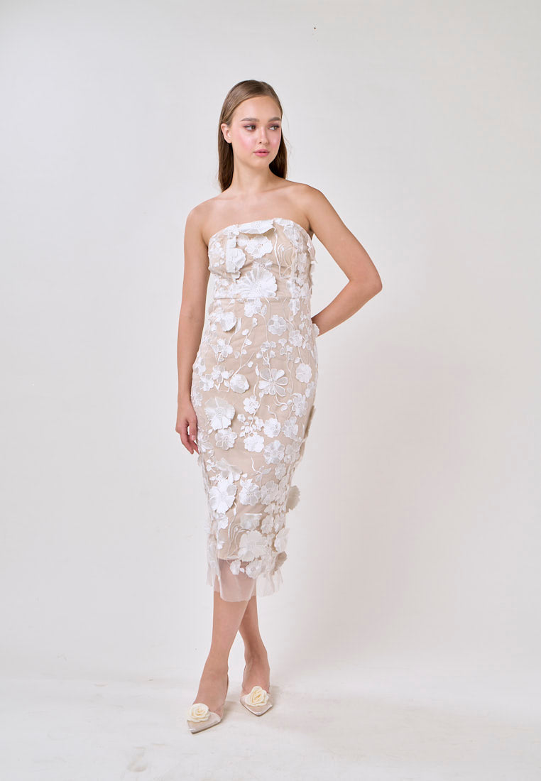 Verge White Sleveless 3D Flower Bodycon Midi Dress
