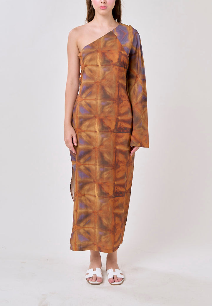 Velmira Multicolored Print Asymmetrical Long Sleeve Midi Dress