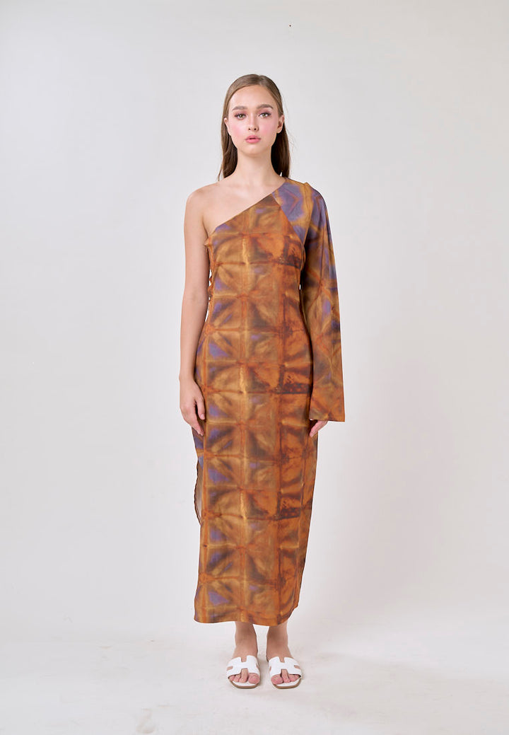 Velmira Multicolored Print Asymmetrical Long Sleeve Midi Dress
