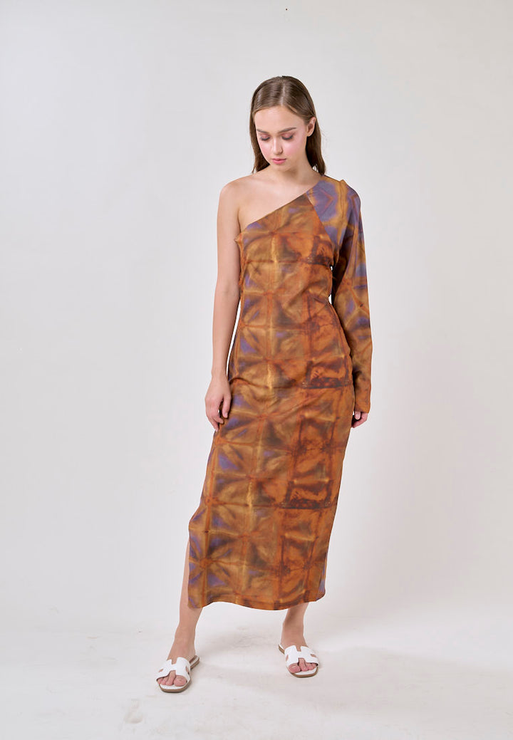 Velmira Multicolored Print Asymmetrical Long Sleeve Midi Dress