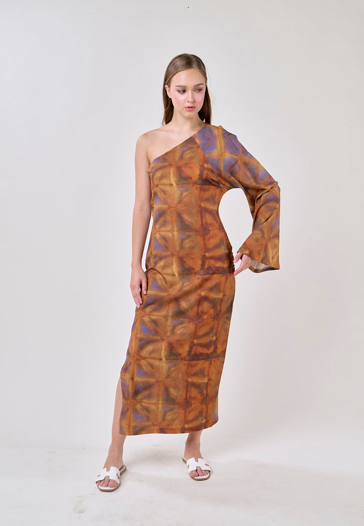 Velmira Multicolored Print Asymmetrical Long Sleeve Midi Dress