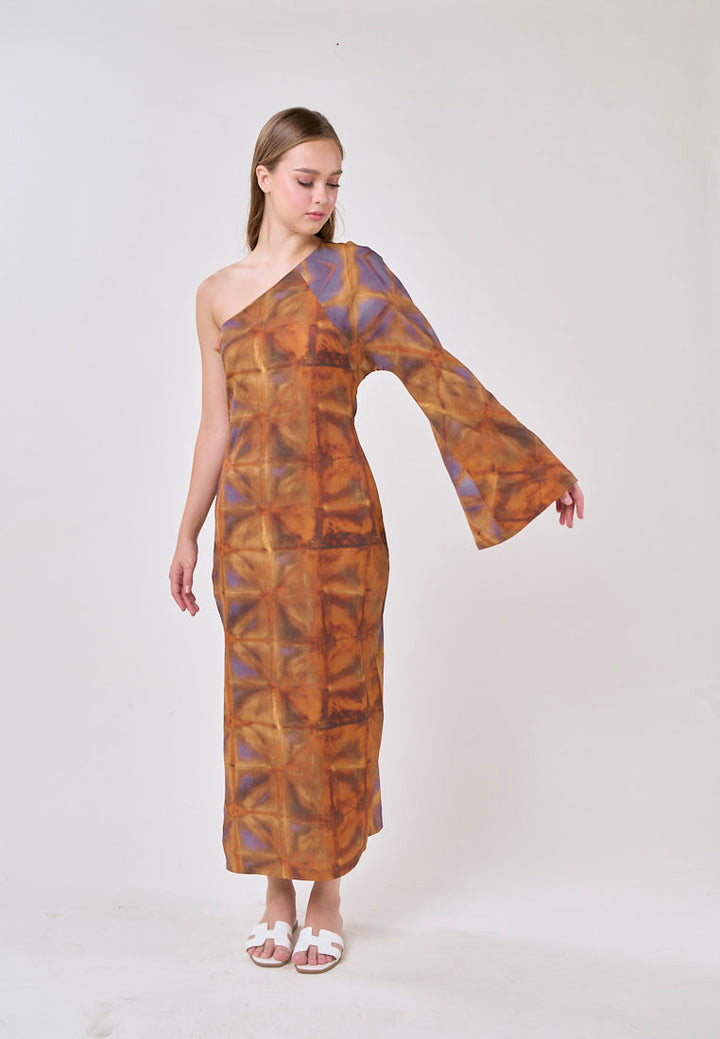 Velmira Multicolored Print Asymmetrical Long Sleeve Midi Dress
