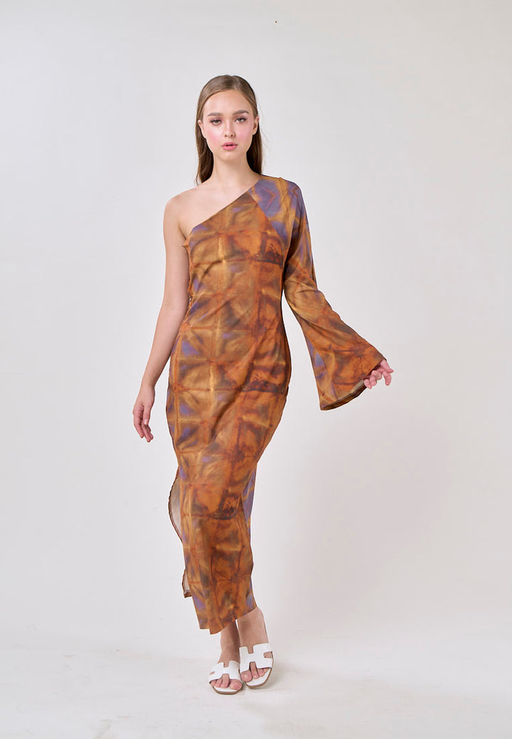Velmira Multicolored Print Asymmetrical Long Sleeve Midi Dress