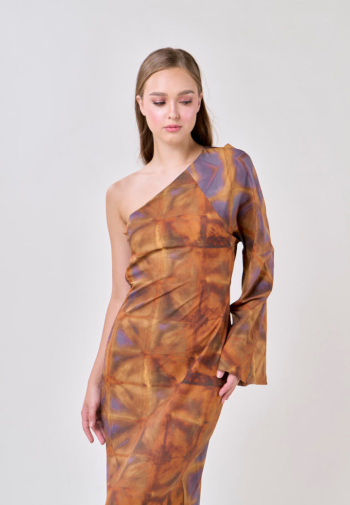 Velmira Multicolored Print Asymmetrical Long Sleeve Midi Dress