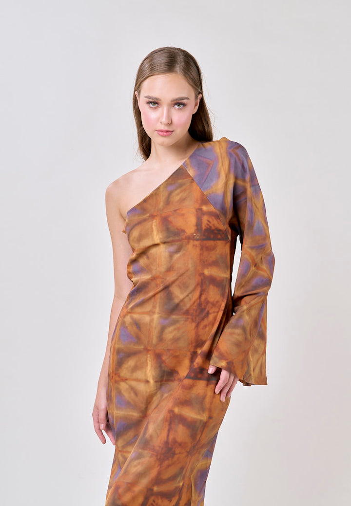 Velmira Multicolored Print Asymmetrical Long Sleeve Midi Dress