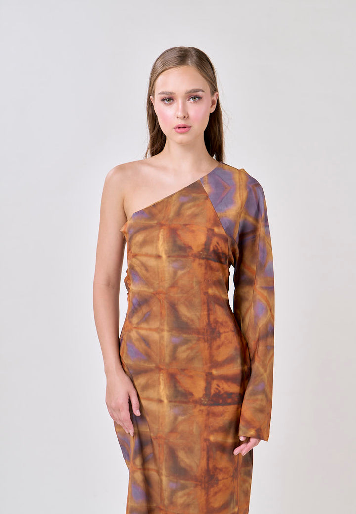 Velmira Multicolored Print Asymmetrical Long Sleeve Midi Dress