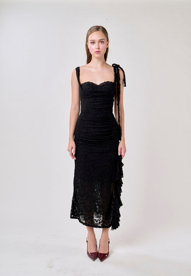 Angela Black Sleeveless Sheer Lace Ruffled Slit Midi Dress
