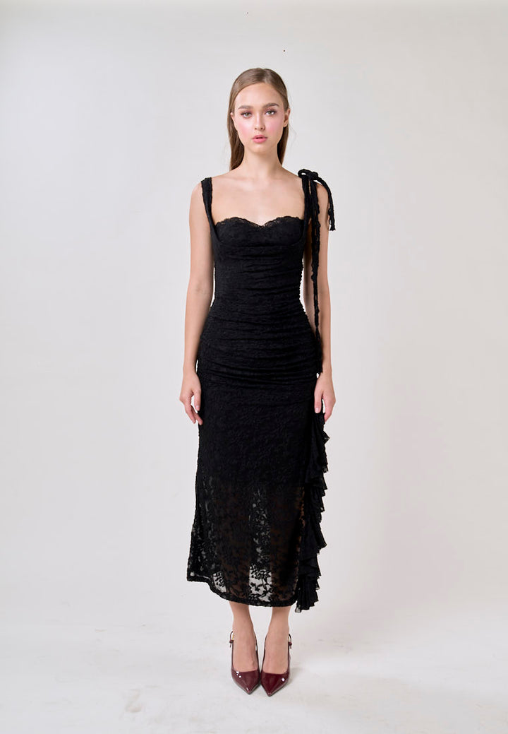 Angela Black Sleeveless Sheer Lace Ruffled Slit Midi Dress