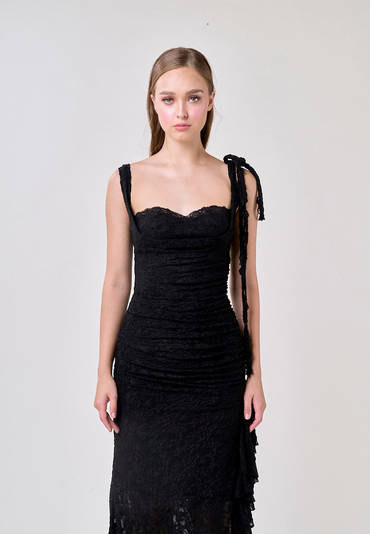 Angela Black Sleeveless Sheer Lace Ruffled Slit Midi Dress