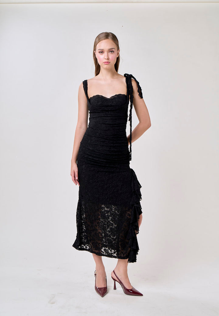 Angela Black Sleeveless Sheer Lace Ruffled Slit Midi Dress