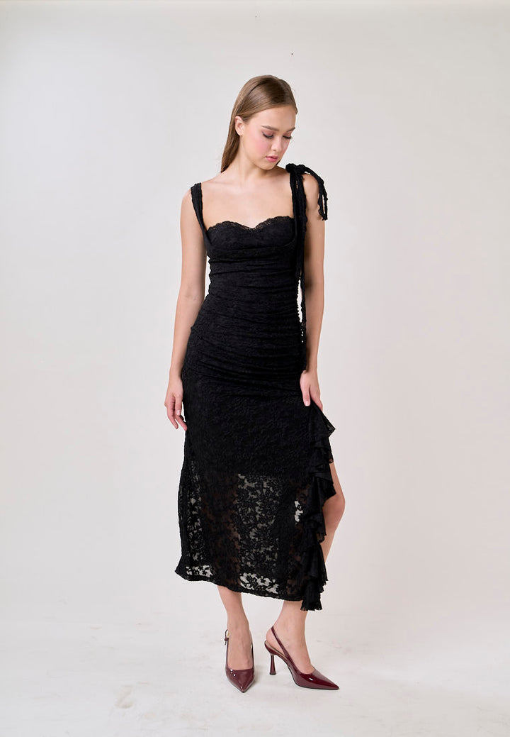 Angela Black Sleeveless Sheer Lace Ruffled Slit Midi Dress