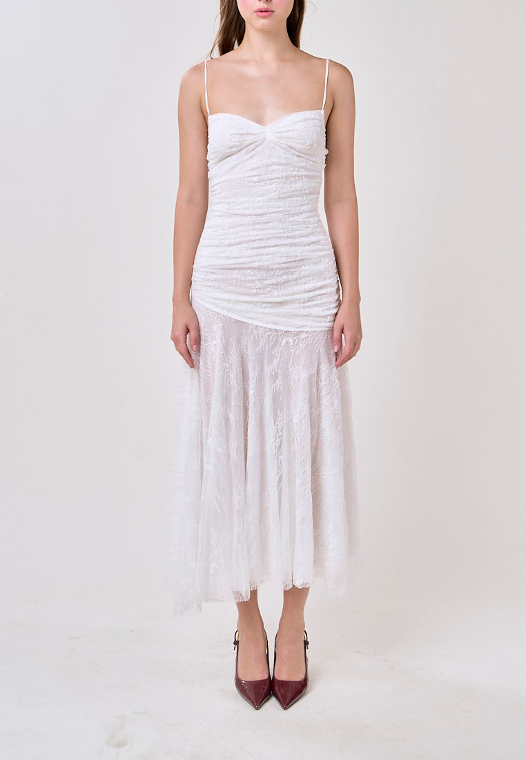 Aleyna White Sleeveless Ruched Top Lace Maxi Dress