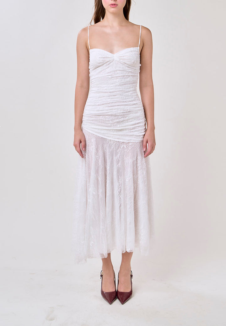 Aleyna White Sleeveless Ruched Top Lace Maxi Dress
