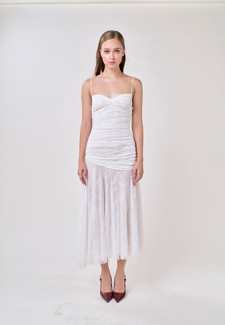 Aleyna White Sleeveless Ruched Top Lace Maxi Dress