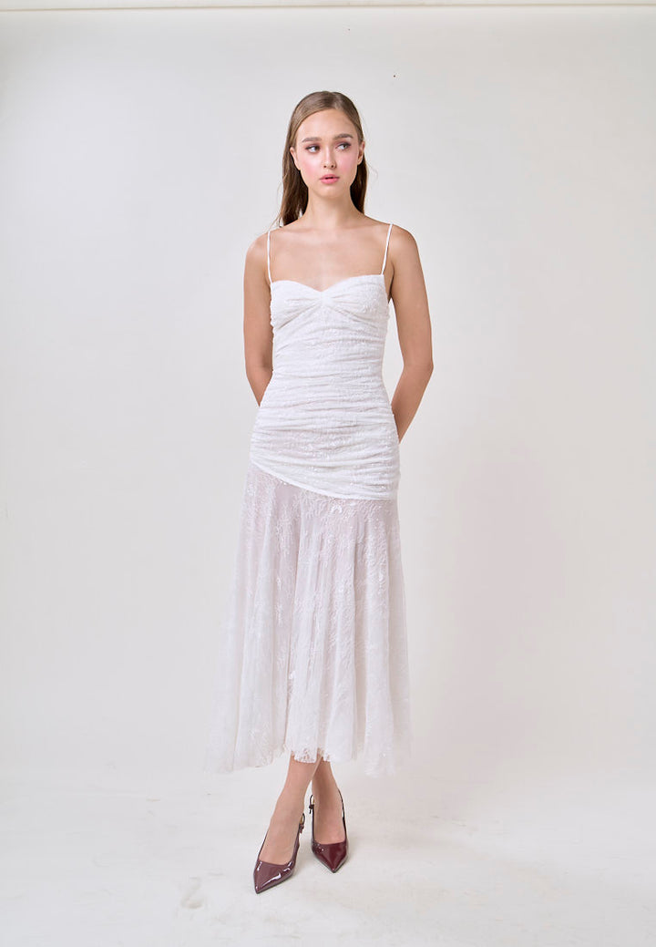 Aleyna White Sleeveless Ruched Top Lace Maxi Dress