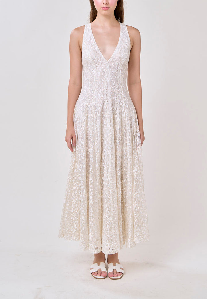 Heidi White Deep V-Neck French Lace Maxi Dress