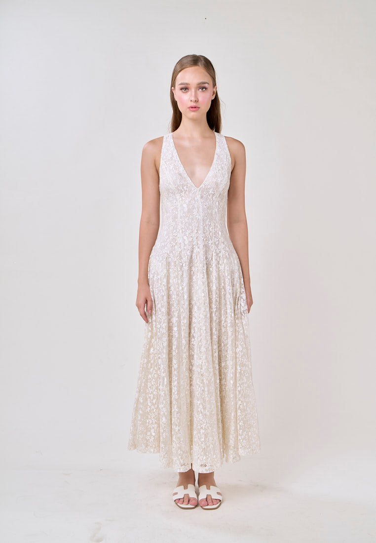 Heidi White Deep V-Neck French Lace Maxi Dress