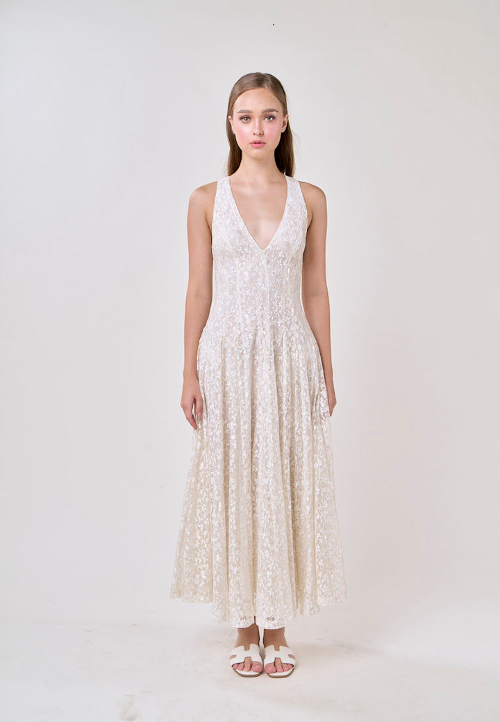 Heidi White Deep V-Neck French Lace Maxi Dress