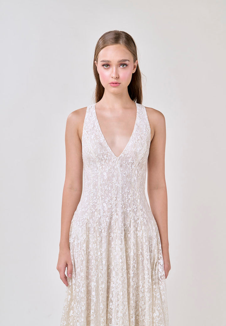 Heidi White Deep V-Neck French Lace Maxi Dress