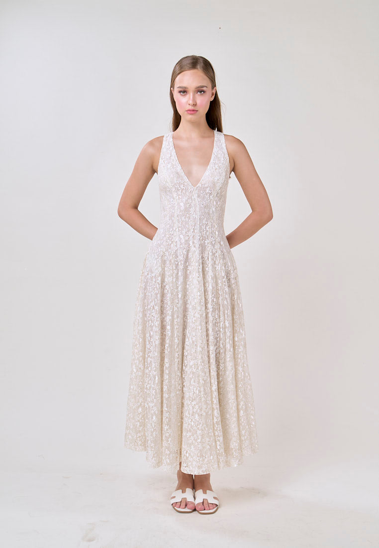 Heidi White Deep V-Neck French Lace Maxi Dress