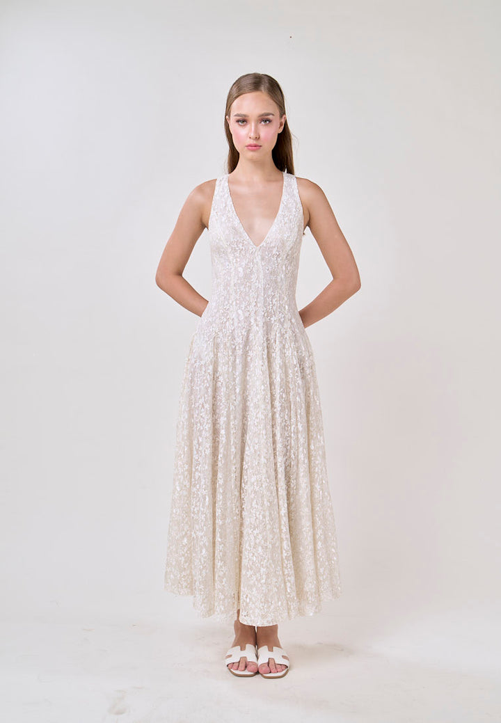 Heidi White Deep V-Neck French Lace Maxi Dress