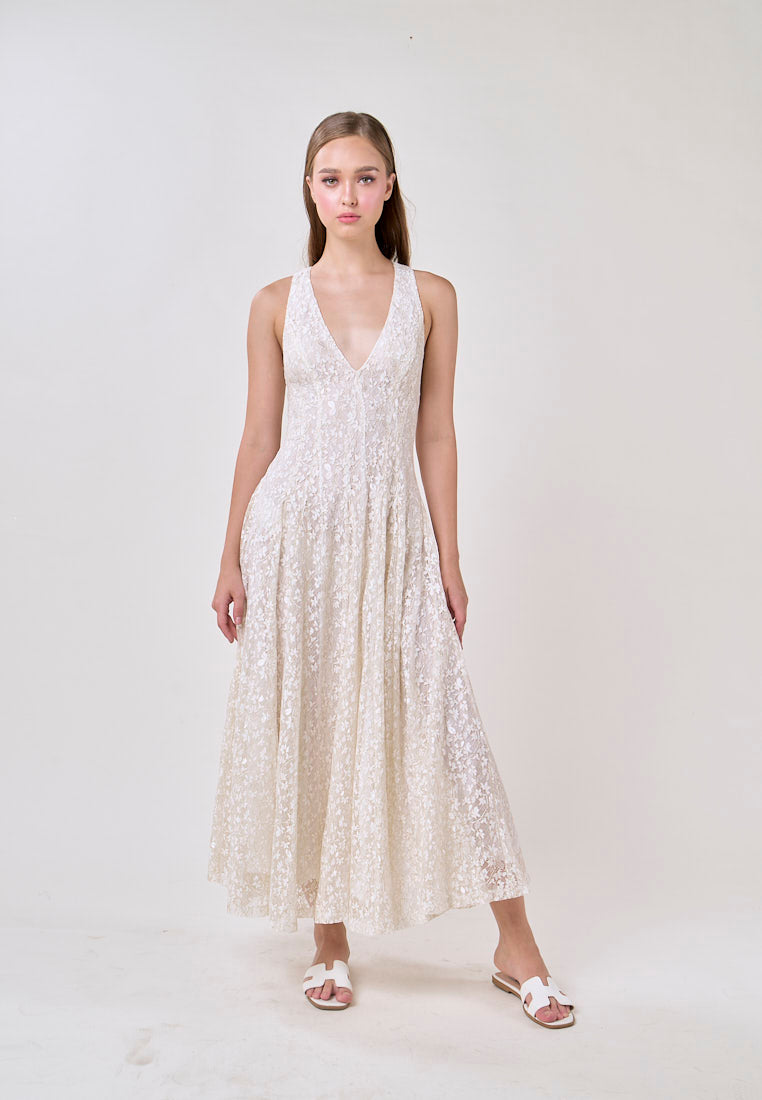 Heidi White Deep V-Neck French Lace Maxi Dress