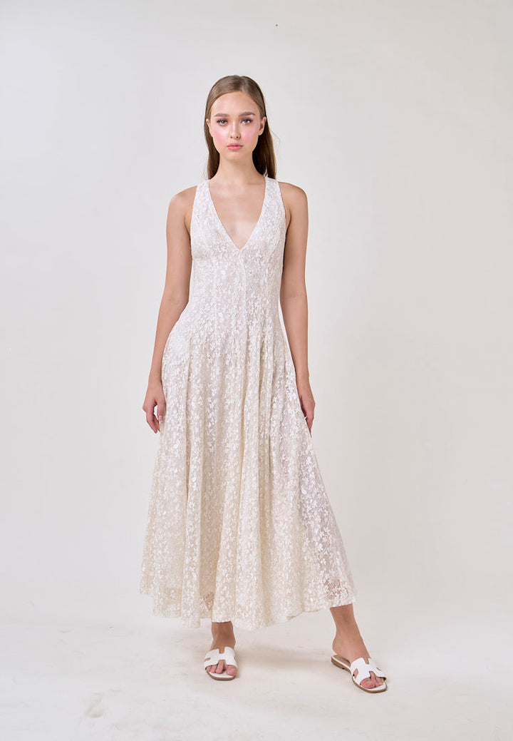 Heidi White Deep V-Neck French Lace Maxi Dress