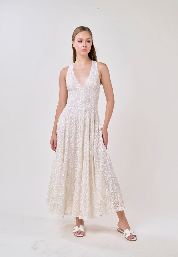 Heidi White Deep V-Neck French Lace Maxi Dress