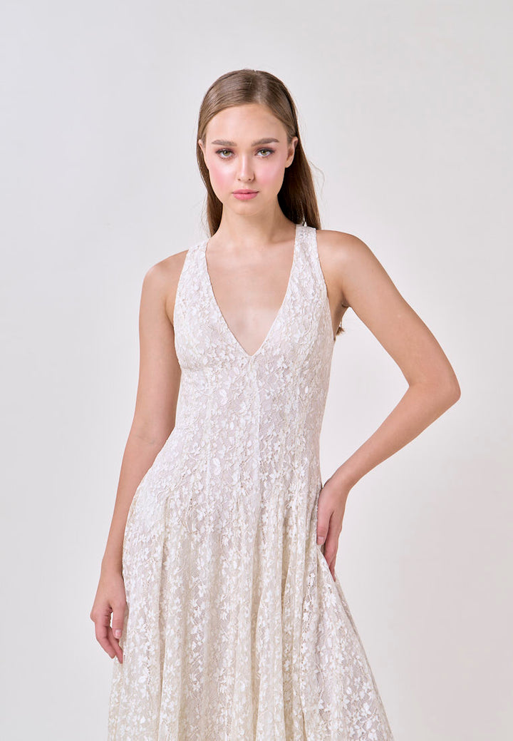 Heidi White Deep V-Neck French Lace Maxi Dress